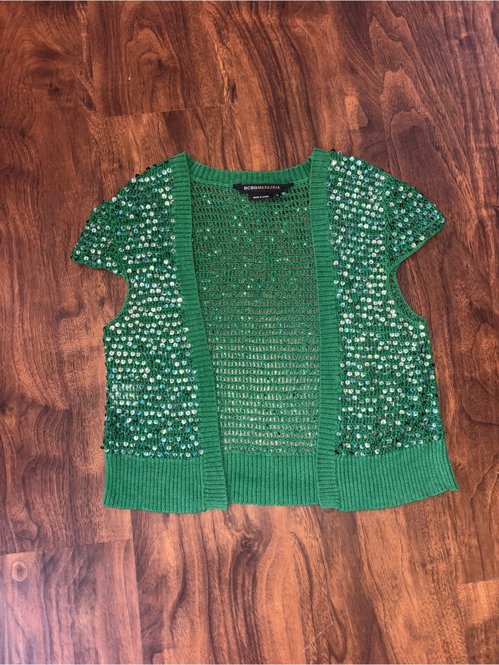 BCBGMaxAzria Green Open-Knit Short Sleeve Sweater - Picture 1 of 6